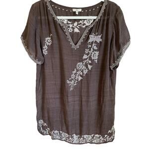 Joie 100% Silk Embroidered Tunic Top V-neck Brown Sz S Boho Peasant Cottage